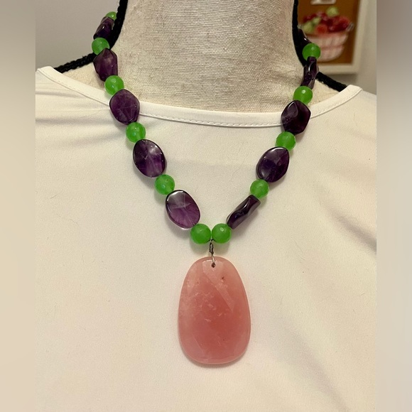 Gemstone 925 necklace 15” to 18” plus 2” pink stone jewelry - Picture 1 of 12